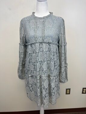 SOLUTION Long Sleeved Chic Lace Midi Dress in Light Slate Grey with Liner Size M